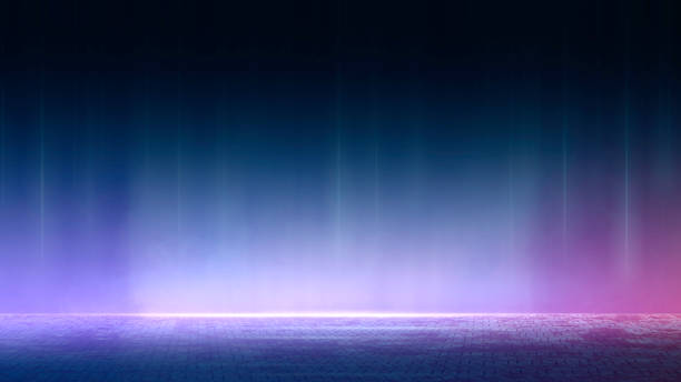 istock Dark stage shows, studio room, dark scene, neon light, and spotlights Black diamond plate texture, Iron sheet, floor, and smoke floating up the interior surface for display products. 1509132865