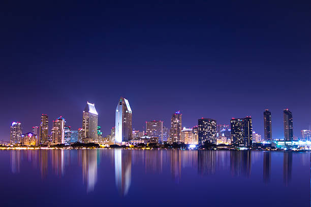 San Diego Skyline Wide view of San Diego, California skyline at night san diego photos stock pictures, royalty-free photos & images