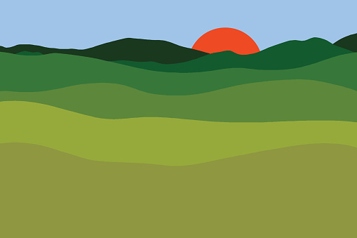 Vector of a sun setting or rising with fields of green grass