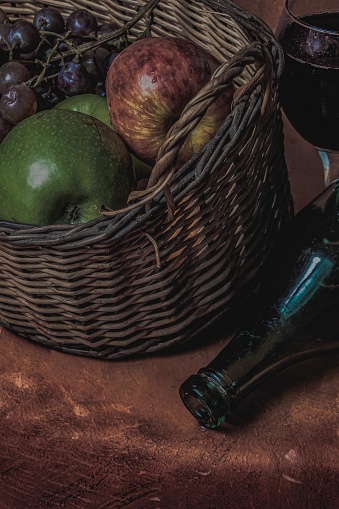 It is a color photo of an old still life