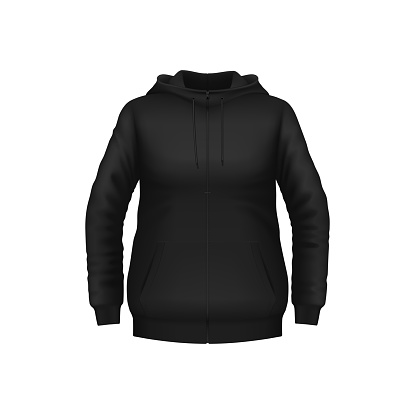 Hoodie, black sweatshirt realistic 3d vector mockup. Casual clothes for women front view template. Isolated hoody with long sleeves, kangaroo pocket and drawstrings. Modern teenage fashion, mock up