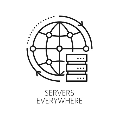 Servers everywhere, CDN. Content delivery network icon with thin line proxy servers and global internet globe. Vector web technologies, content distribution network of documents, media files, software