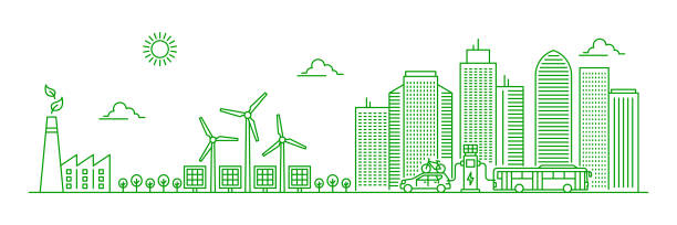 ilustraciones, imágenes clip art, dibujos animados e iconos de stock de paisaje de ciudad ecológica, planta de energía verde, paisaje urbano - energías renovables