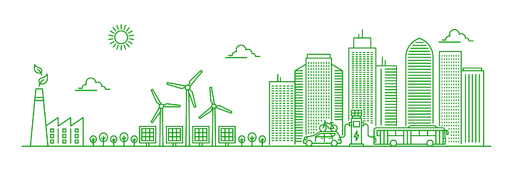Eco city landscape with green energy plant and urban cityscape. Vector ecology and environment friendly infrastructure of modern city with skyscrapers, solar panels, wind turbines, electric car, bus