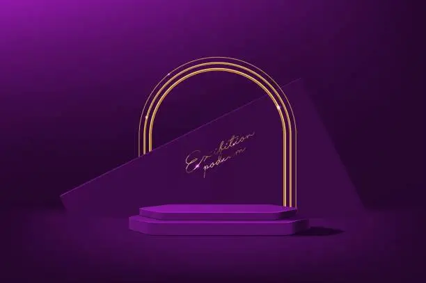 Vector illustration of Violet podium with golden arch, product display