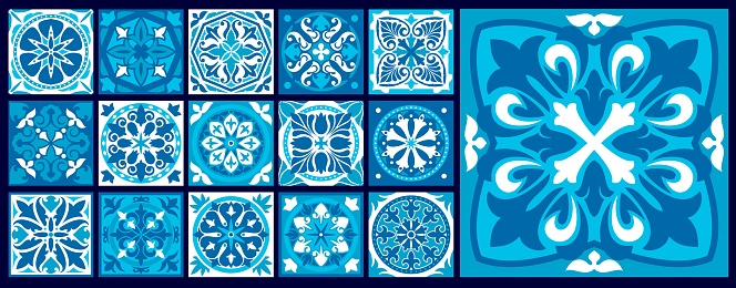 Moroccan and azulejo tile patterns, majolica, Talavera or damask ornament, vector backgrounds. Tile patterns of Portuguese mosaic ornament, Mediterranean ceramic azulejo or Moroccan ottoman pattern
