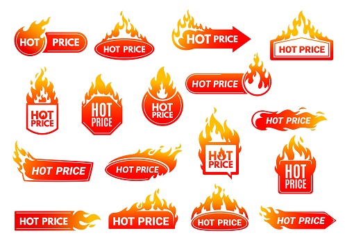 Hot price deal promotion labels with flames. Shop sale or discount promotion vector banner, product price drop advertising label or badge, discount round, line and square sticker with hot fire flames