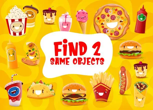 Vector illustration of Find two same objects, cartoon takeaway fast food