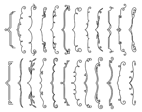 Parenthesis border. Hand drawn calligraphic frames, curly line art vector borders or vintage parenthesis dividers. Simple ornate, flourish braces, doodle decorations collection