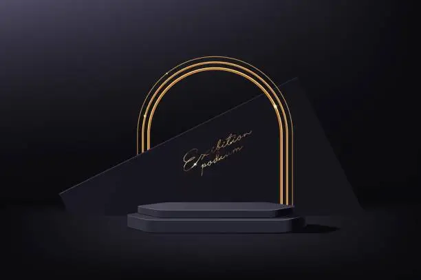 Vector illustration of Black podium with golden arch, vector background