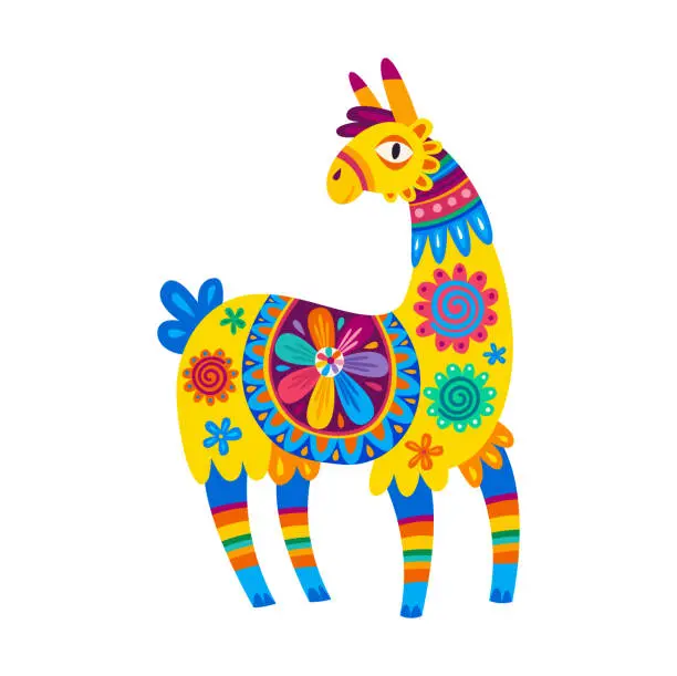 Vector illustration of Llama cartoon character, baby alpaca with flowers
