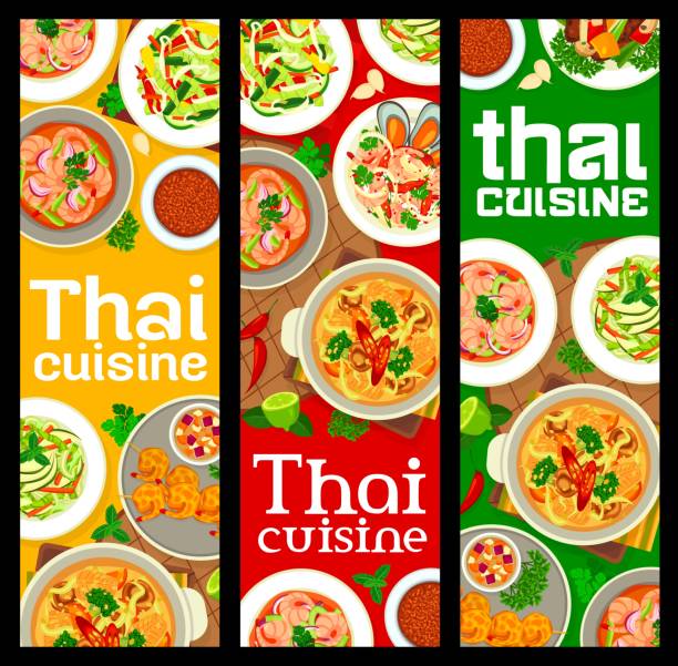 illustrations, cliparts, dessins animés et icônes de cuisine thaïlandaise restaurants repas et plats bannières - panang curry