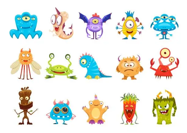 Vector illustration of Cartoon cute funny monster characters, creatures