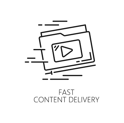 Fast content delivery. CDN. Content delivery network icon, media file upload and update web service, CDN linear vector icon or pictogram with fast moving computer folder containing media files