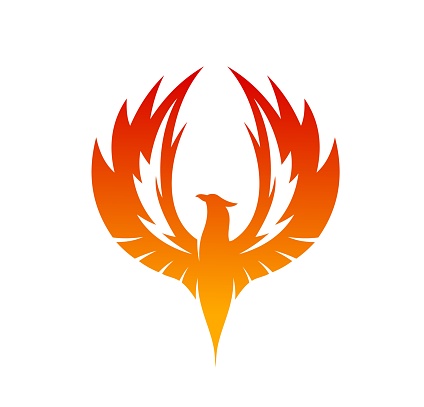 Phoenix bird rising wings with fire flames and burning feathers. Vector silhouette of flying fenix or phoenix. Flaming firebird, abstract eagle or falcon heraldic emblem with fantasy mythical animal