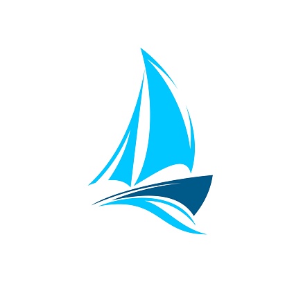 Yachting club icon. Sea travel agency, vacation marine tour or water transport company simple vector symbol. Yachting sport club or regatta minimalistic icon or sign with sail boat on ocean blue wave