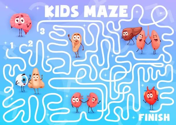 Vector illustration of Labyrinth maze and cartoon human organ characters