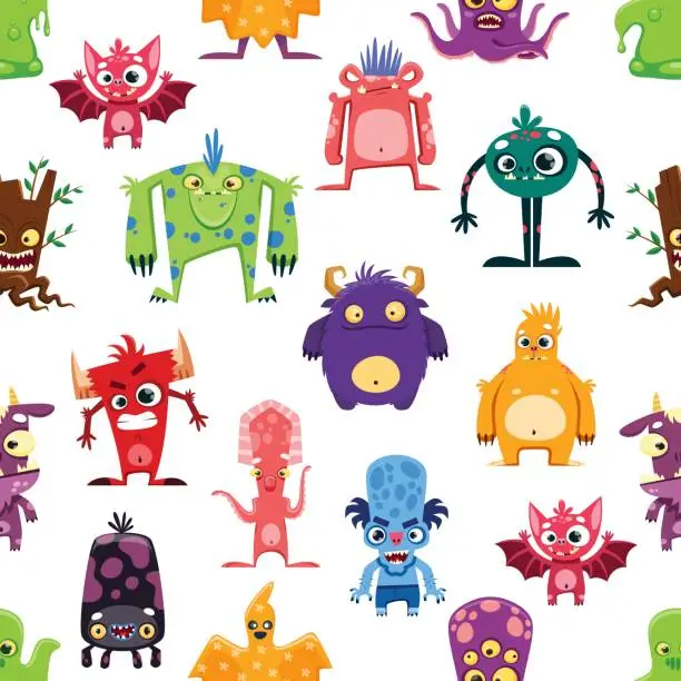 Vector illustration of Cartoon monster funny characters seamless pattern
