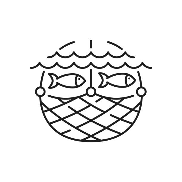 Fish trap net container isolated outline icon Fish trap net container isolated outline icon. Vector fishing industry equipment. Fishers gear for saving fresh fish. Seafood emblem fish farm icon stock illustrations