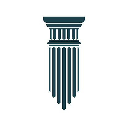 Ancient greek column and pillar symbol. Legal, attorney, law office vector icon with roman architecture element. Court, university, bank or museum sign with antique temple column or pillar silhouette