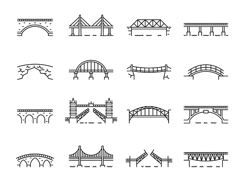 Line bridge icons, viaduct arches over river or railway road bridges, vector symbols. Building and construction outline icons of suspension bridge or city drawbridge and tower gate architecture