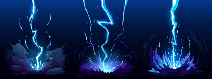 Cartoon blue lightning thunder and storm thunderbolt strike, vector thunderstorm bolts. Cartoon electric flash effects and lightning sparks background with energy charge or anime magic blast explosion