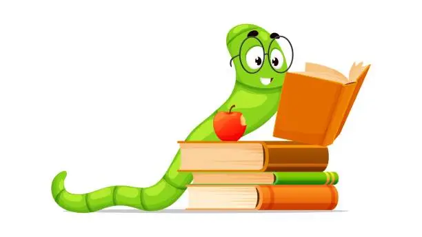 Vector illustration of Cartoon bookworm character, reading book worm