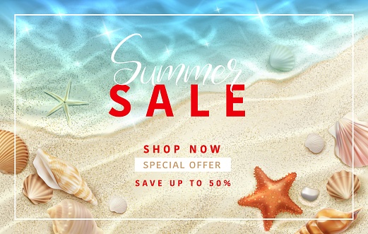 Summer sale banner, realistic seashells, stones and starfish, vector seaside top view. Summer sale background for promotion special offer, shop seasonal discount promo banner with shells on beach