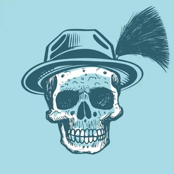 Vector illustration of sketchy vintage skull wearing traditional bavarian hat with gamsbart