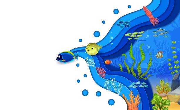 istock Cartoon fish and squid on sea paper cut landscape 1509182606