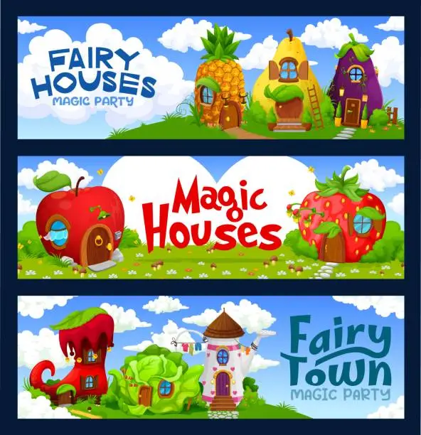 Vector illustration of Cartoon fairytale house building, vector banners