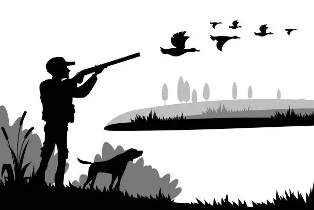 Vector illustration of Hunting silhouette. Hunter with shotgun, dog, duck