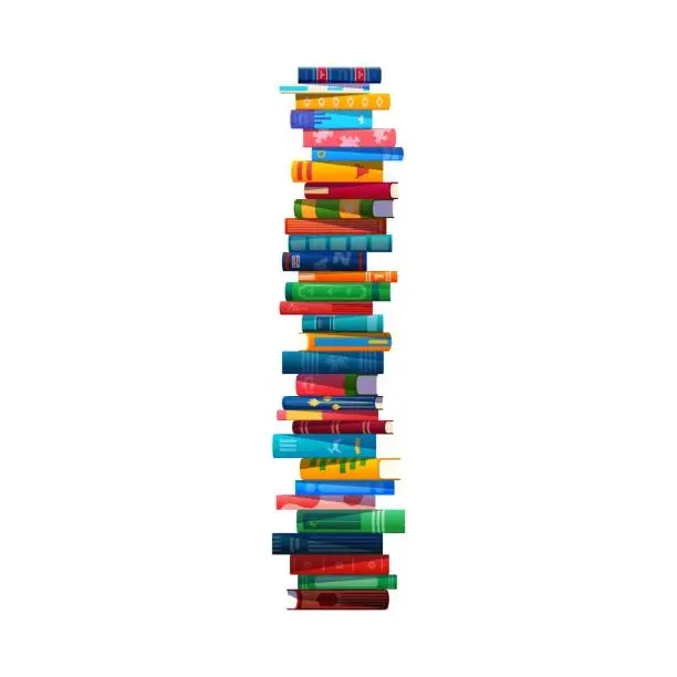 Vector illustration of High book stack, isolated vector pile of textbooks