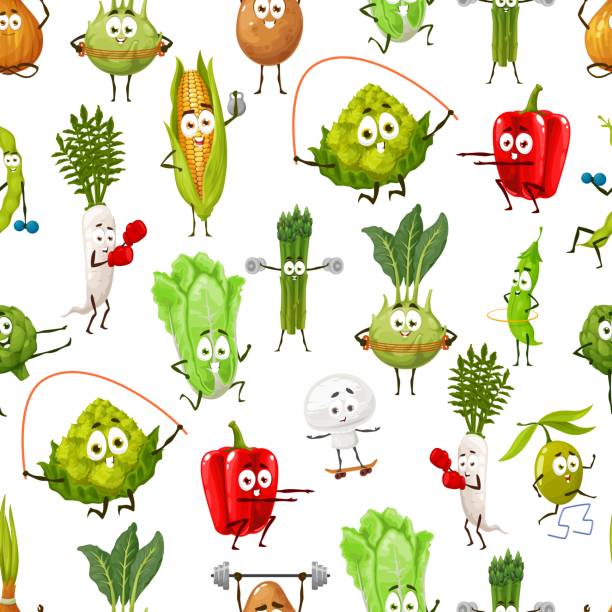 ilustrações de stock, clip art, desenhos animados e ícones de cartoon vegetables on fitness seamless pattern - cartoon food running turnip