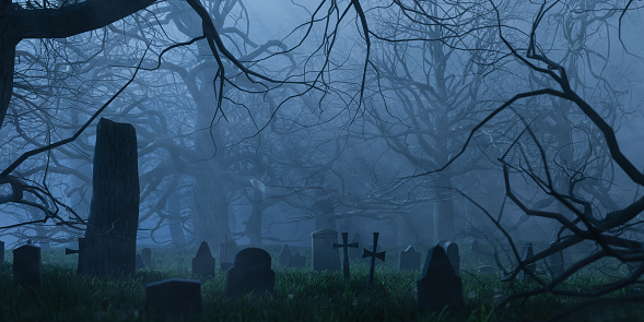 3D rendered illustration of frightening landscape of dark graves and mysterious leafless trees growing in misty cemetery at night