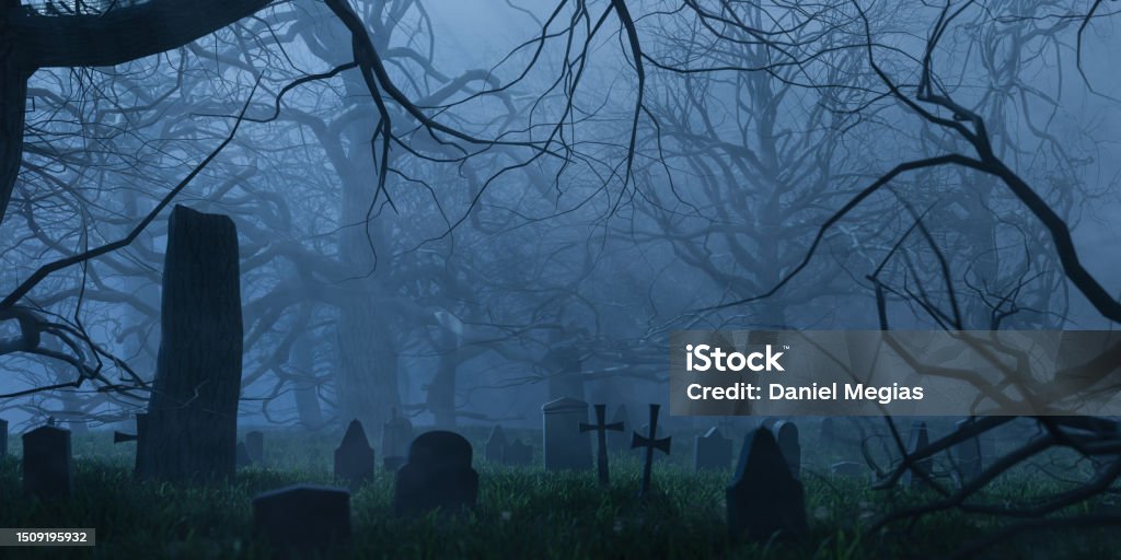 Leafless trees and graves in cemetery in evening. 3d render 3D rendered illustration of frightening landscape of dark graves and mysterious leafless trees growing in misty cemetery at night Cemetery Stock Photo