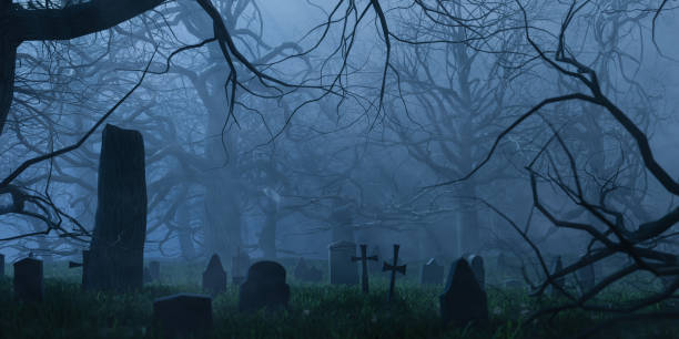 Leafless trees and graves in cemetery in evening. 3d render 3D rendered illustration of frightening landscape of dark graves and mysterious leafless trees growing in misty cemetery at night horror stock pictures, royalty-free photos & images