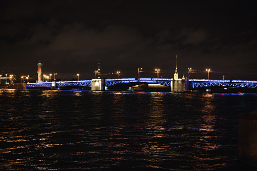 Closed Palace Bridge in Saint Petersburg at night, dark photo