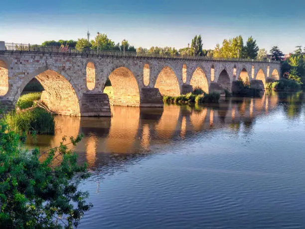 Stone bridge over Douro river. Zamora city, Castile-Leon, Spain
