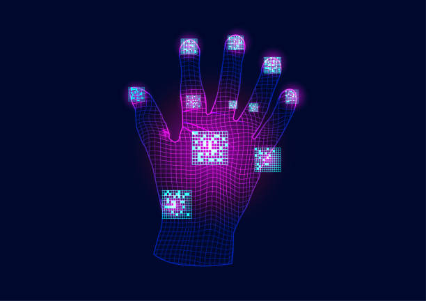 digitalizar analisar a tecnologia de mão identificada codificação de rede digital ilustração vetorial de fundo abstrato - scan handprint technology - fotografias e filmes do acervo
