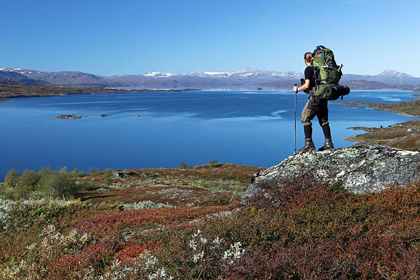 long distance hiker in autumn - fjäll sjö sweden bildbanksfoton och bilder
