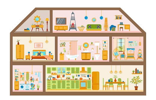 Section of a three-storey house with a kitchen, dining room, laundry room, children's room, bedroom, bathroom, study, boudoir, living room. Illustration of a dollhouse hand-drawn in a flat style.