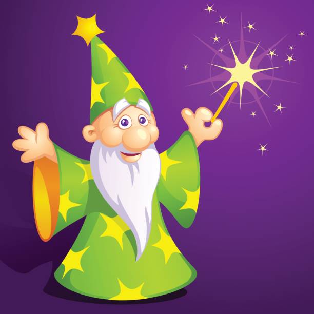 WIZARD A Colorful Cartoon of a Wizard Holding a Magic Wand pow wow stock illustrations