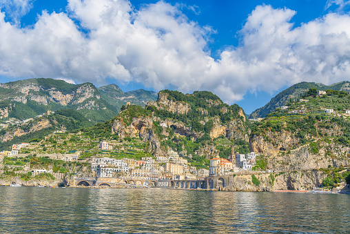 Landscape with Atrani town at famous amalfi coast, Italy