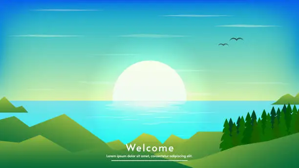 Vector illustration of Vector illustration landscape, sunrise in nature with mountains and forest. Morning time. Green slopes, fresh air, spruce forest. Bright sun on the background of the blue sky.