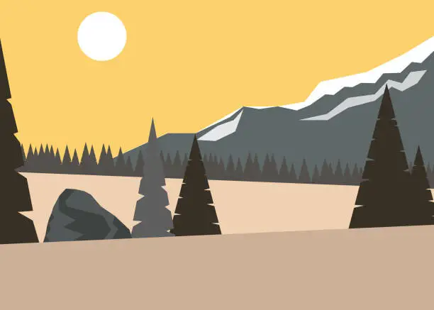 Vector illustration of Flat colorful vector illustration on yellow background. Wonderful autumn landscape on a backdrop of mountains. Panoramic view.