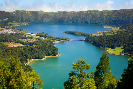 Sete Cidades lake, seven cities lagoon, volcano crater .Azores, Sao Miguel island, Portugal .