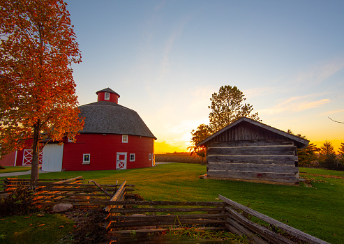 Fall Leaf color with Round Barn and Cabin at sunset-Howard County,Indiana