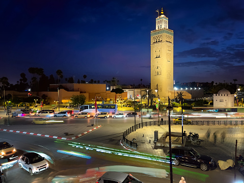Minaret de la Koutoubia at night, Marrakesh, Morocco. Long exposure.