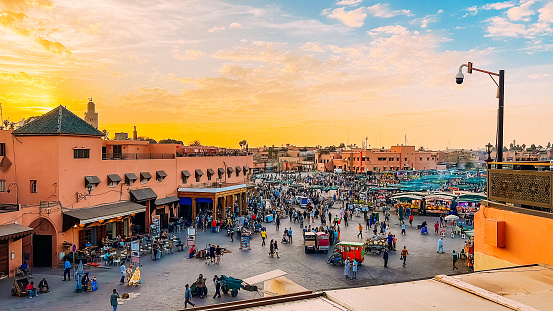 Djemaa El Fna (Jamaa el Fna) Square at sunset,  Marrakesh, Morocco